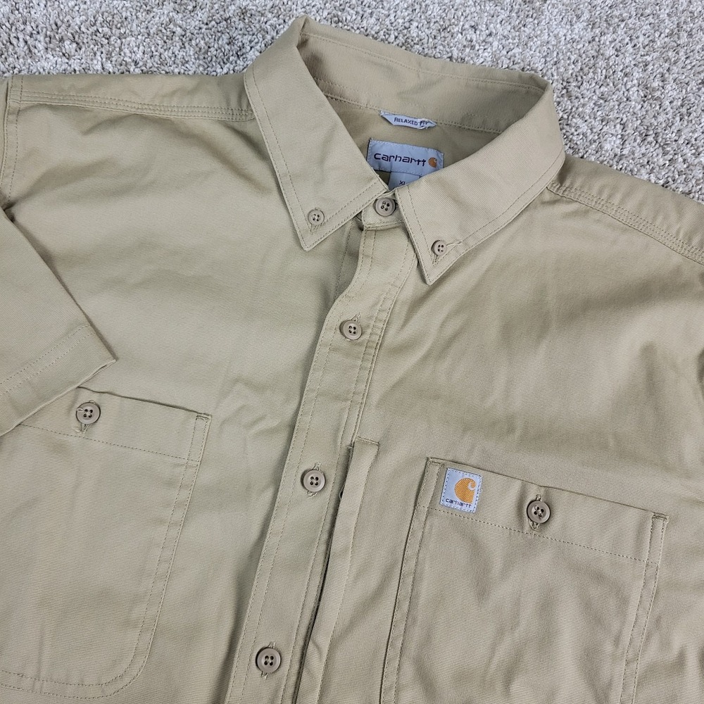 Carhartt Relaxed Fit Mens XL Beige Canvas Button Down Short Sleeve 2 Pocket